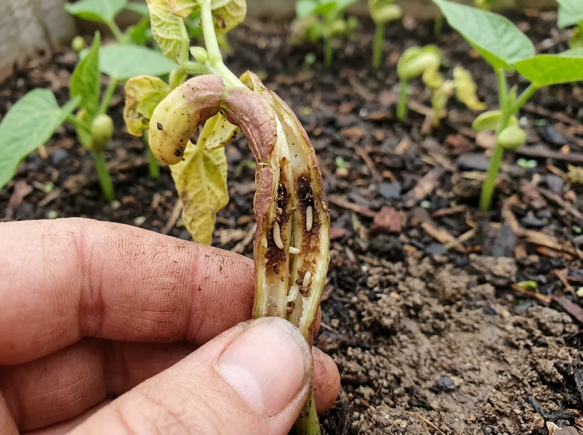 Bean stem split open near the soil to show brown tunnels and tiny maggots inside