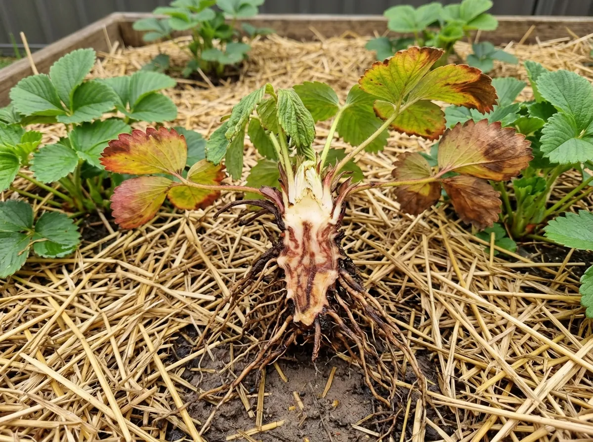 Strawberry plant in a straw mulched bed with its crown cut lengthways, showing red brown marbled rot inside, reddened older leaves and brown roots
