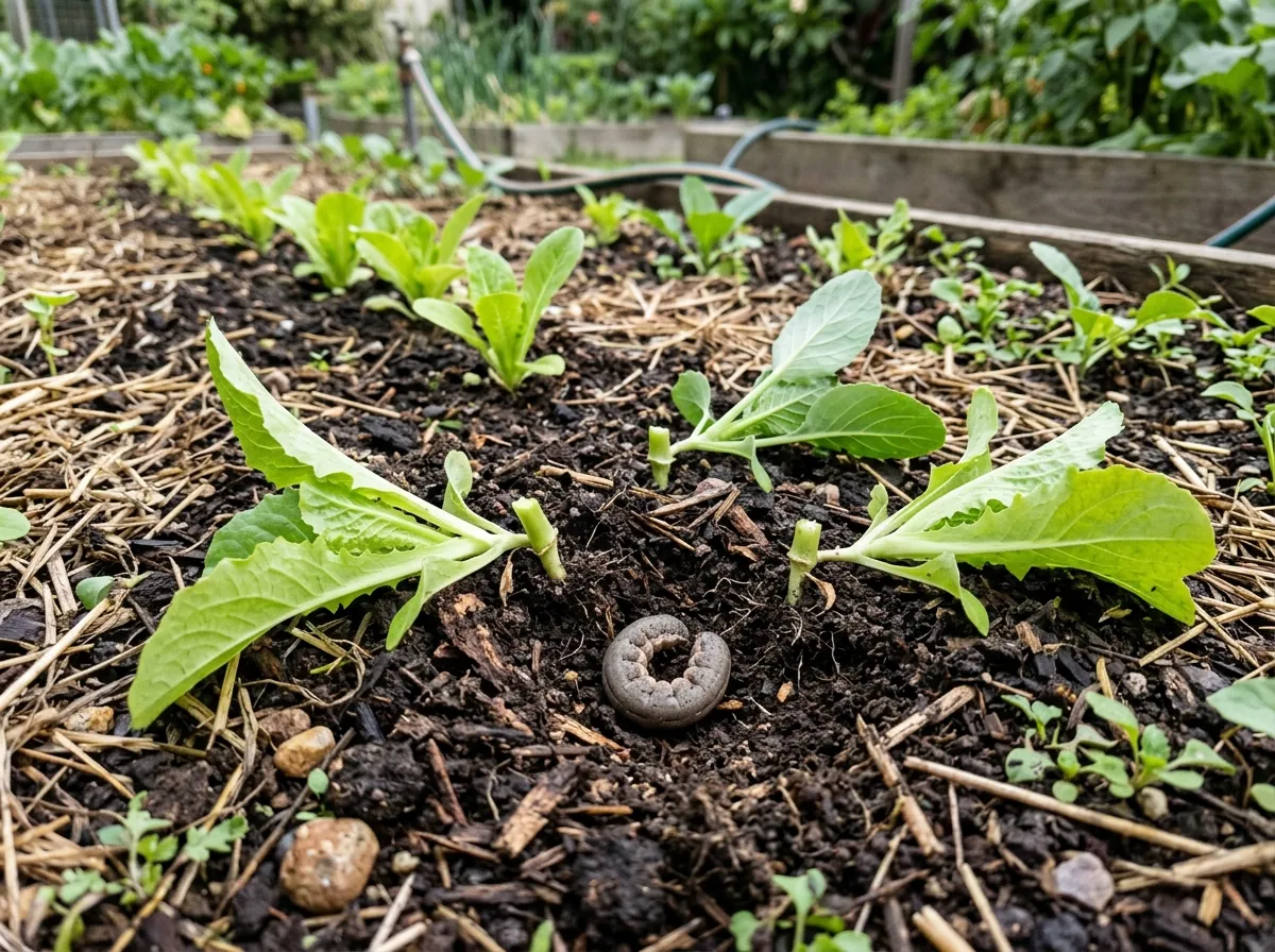Seedlings cut off at soil level overnight, lying beside their stumps, with a grey-brown cutworm curled in the soil