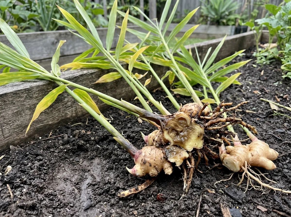 Ginger clump dug from a wet bed, with lower leaves yellowing from the tips, dark water soaked shoot bases and a rhizome broken open to show soft, brown, watery rot