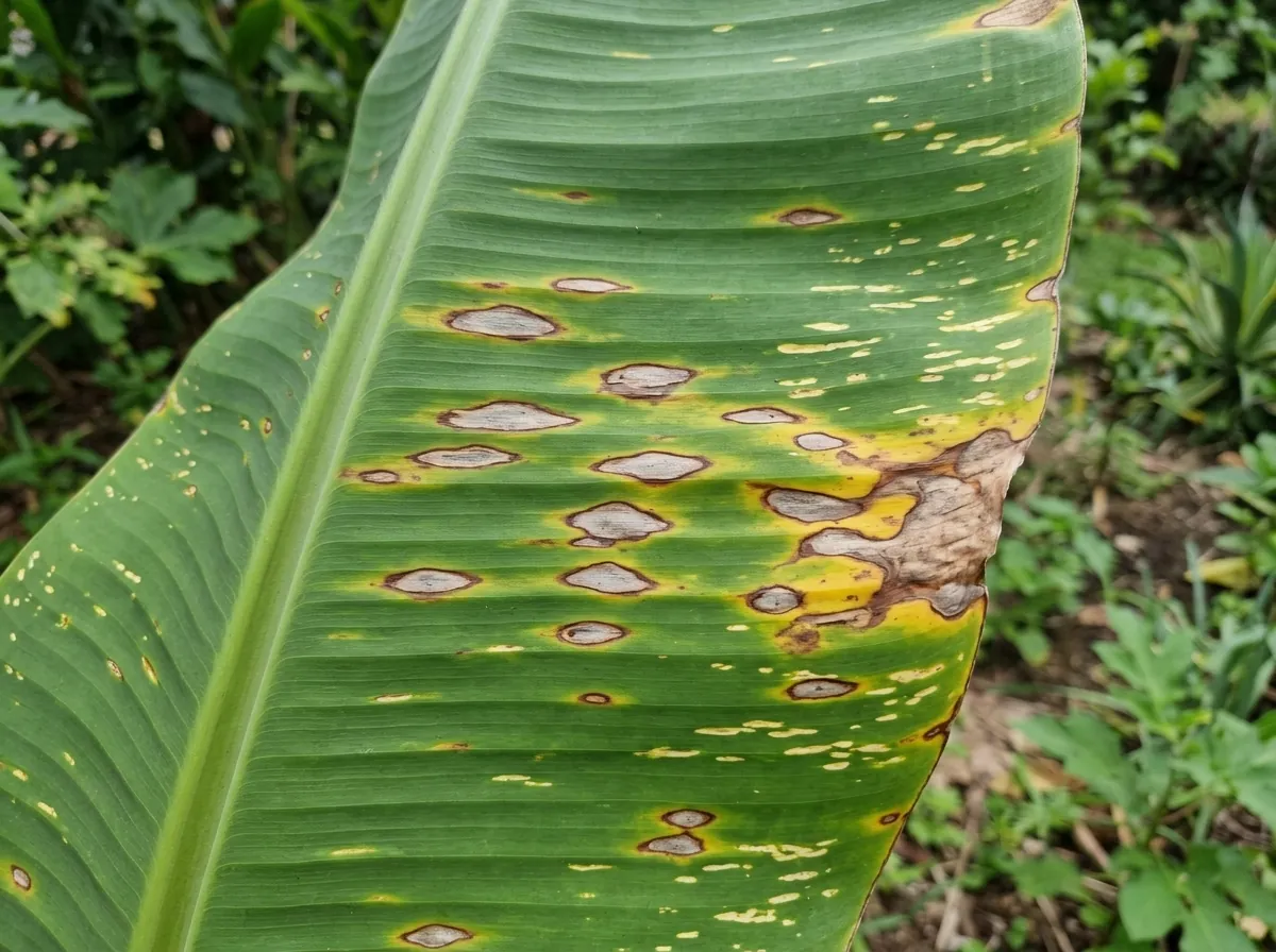 Older banana leaf with small pale yellow streaks and oval spots with grey centres, dark brown edges and yellow halos, joining into dry brown patches near the leaf edge