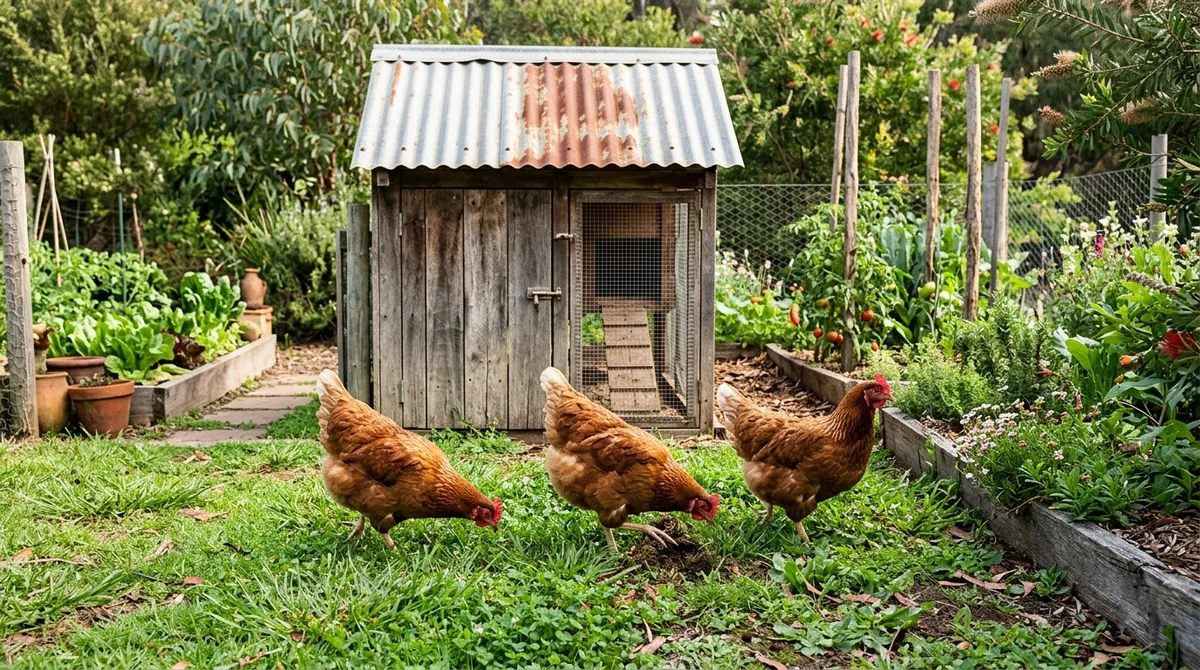 A productive Australian backyard with vegetable garden, chickens and a beehive