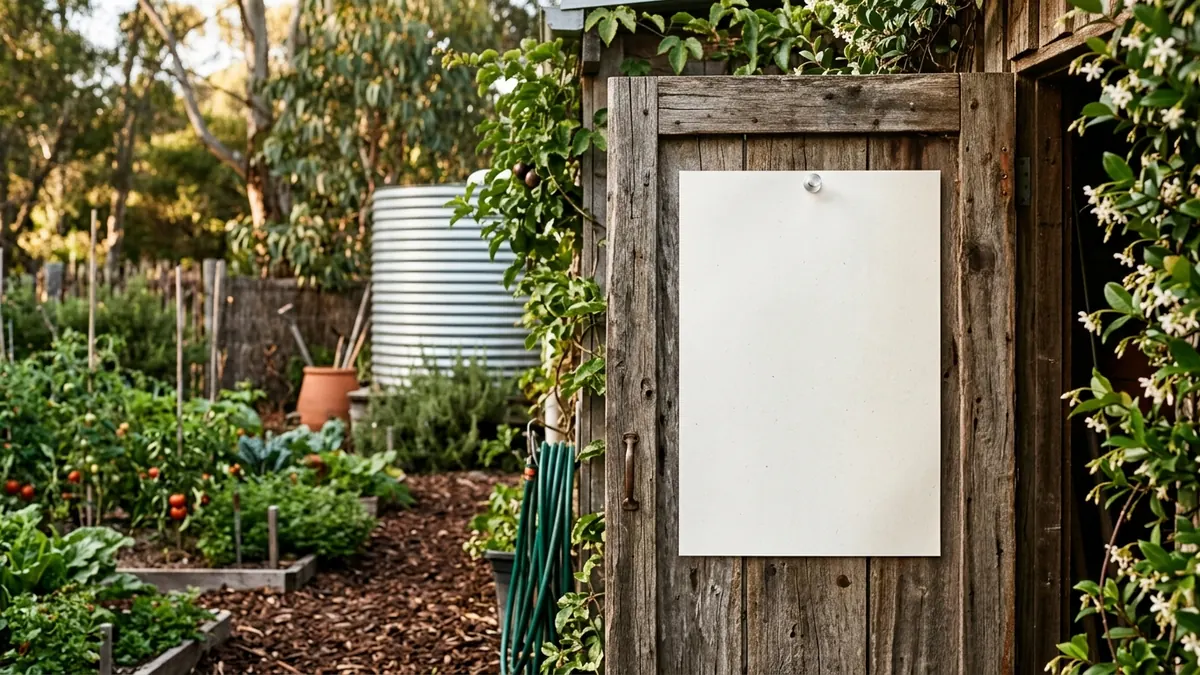 Printed garden prep checklist pinned to a shed door beside a rain tank and mulched beds