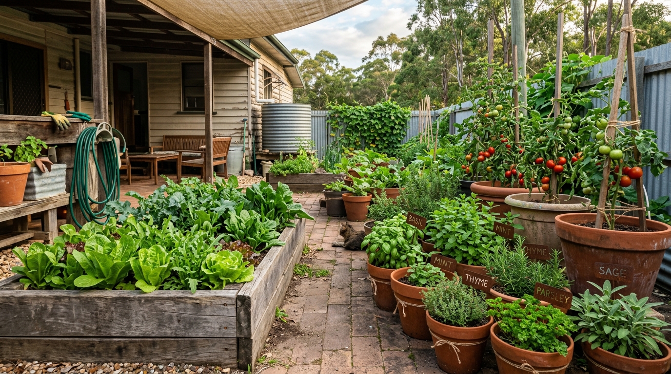 Vegetables growing in containers on a patio