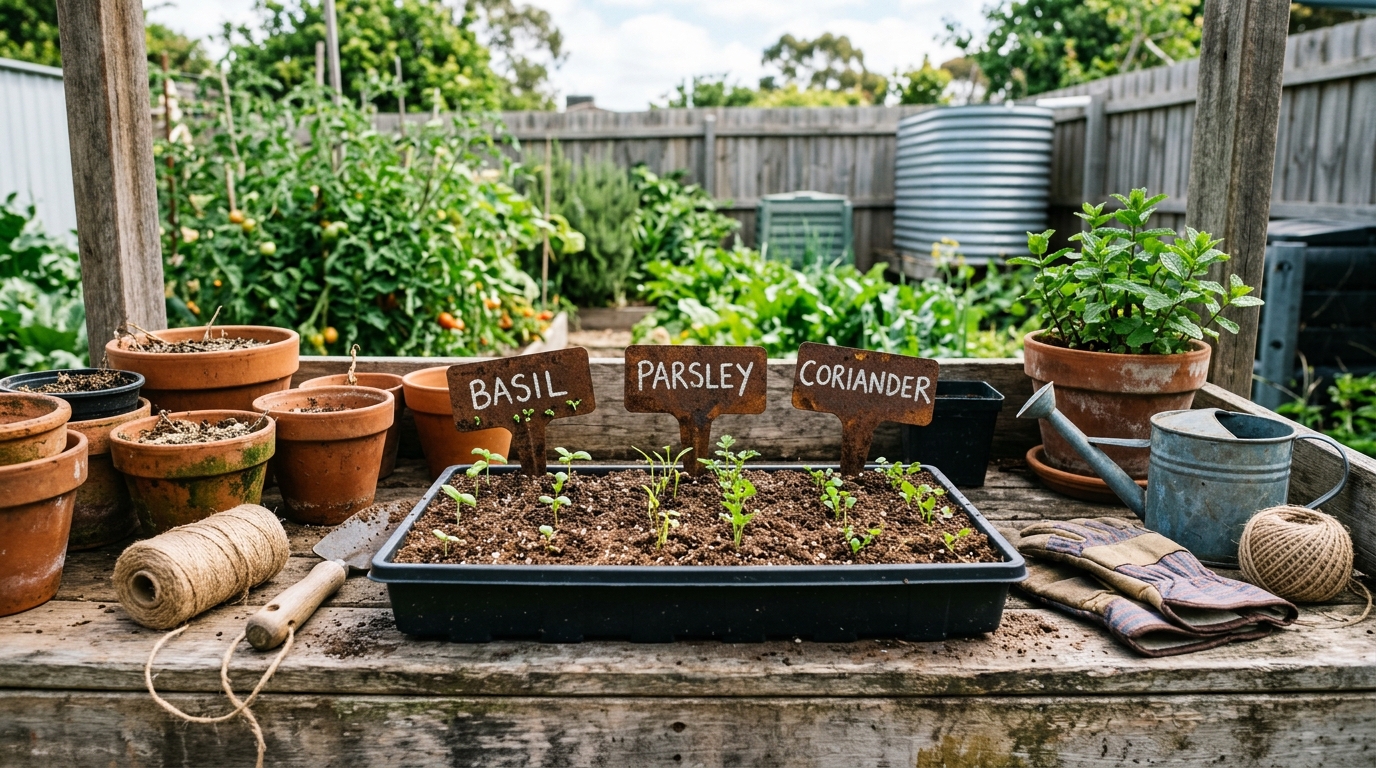 Herb seedlings sprouting in trays