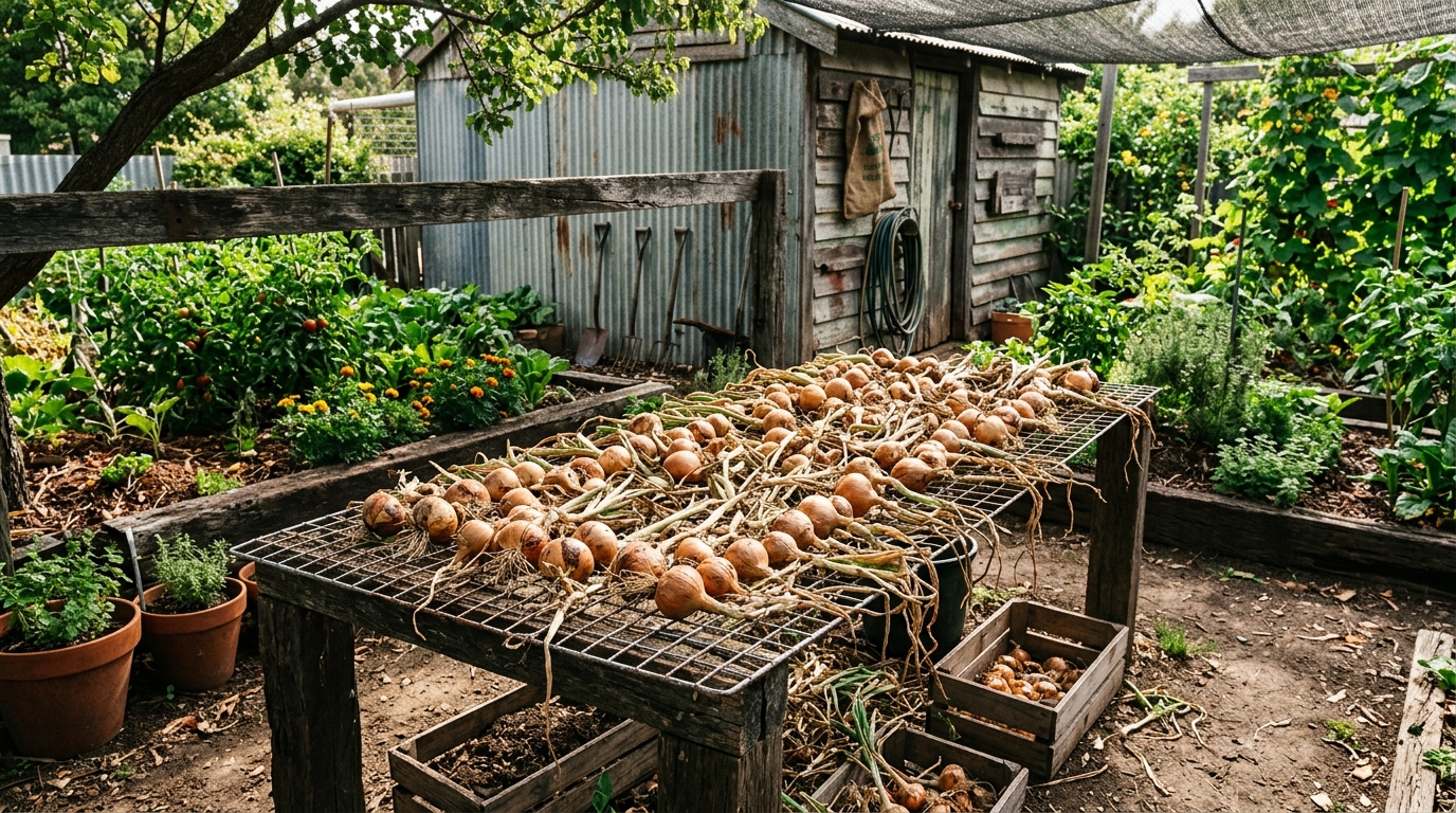 Onions curing on wire rack