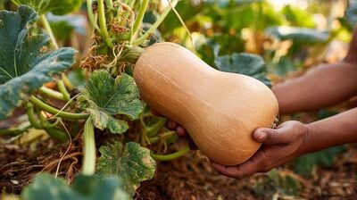 Butternut pumpkins on vine