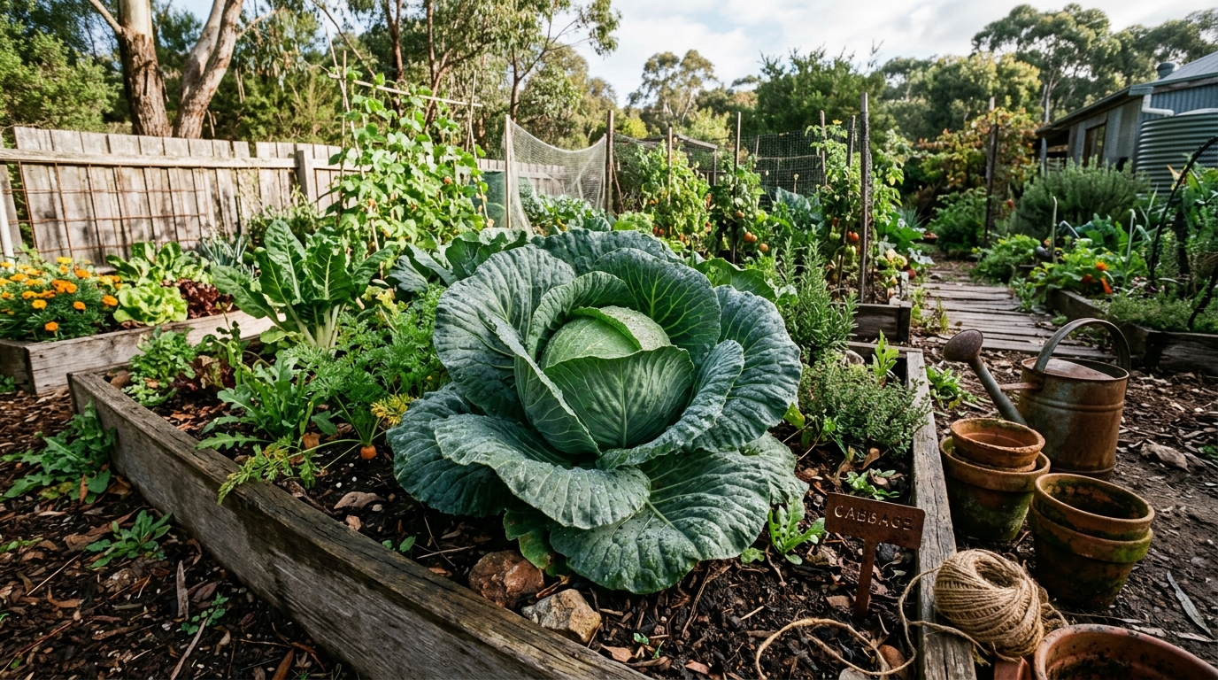 Healthy cabbage in garden bed