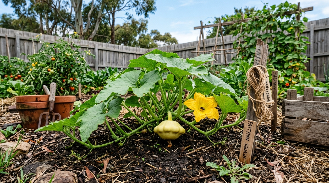 Pattypan squash growing in garden