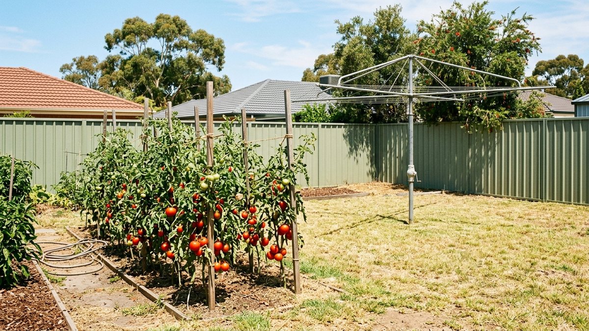 Staked tomato plants loaded with ripe and green fruit in a suburban Australian backyard bed, with a rotary clothesline behind them