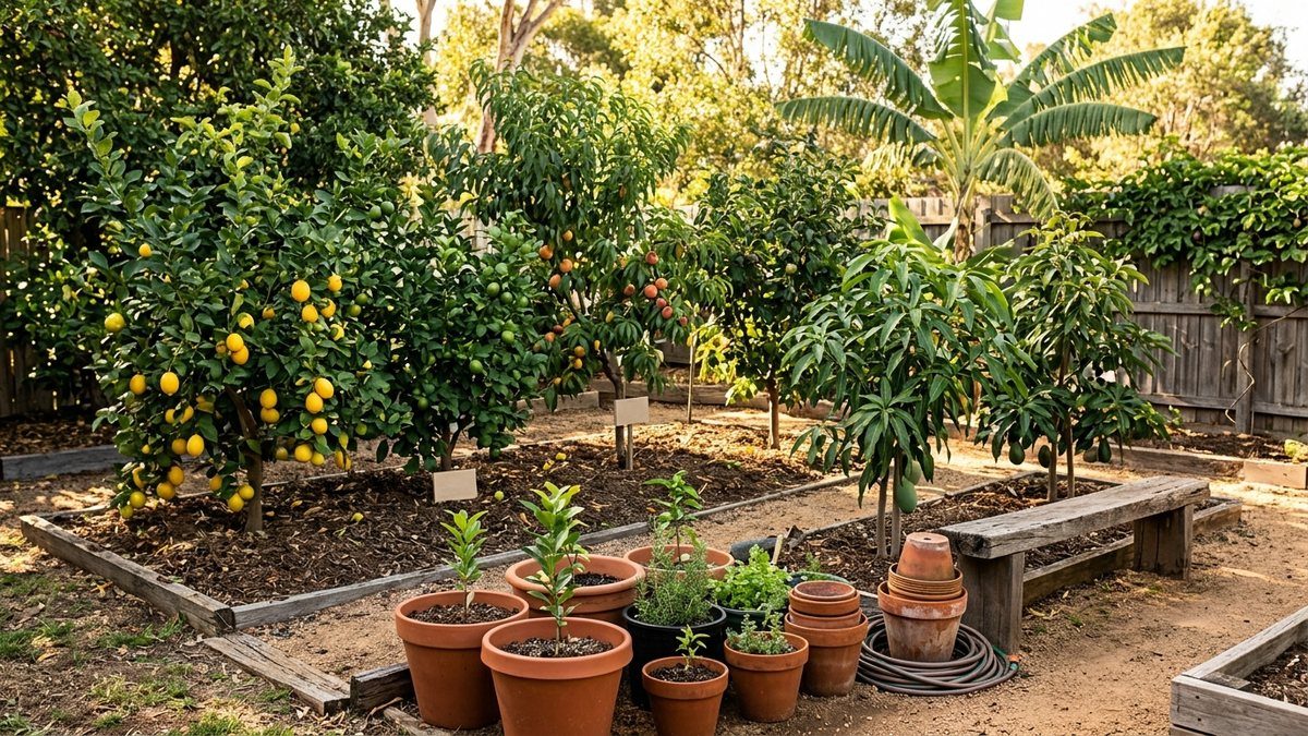 Low-chill fruit ripening in a warm-climate garden, including peaches, citrus and figs