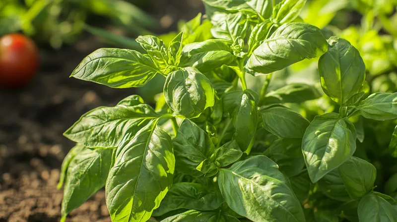 Mature basil plant with lush foliage