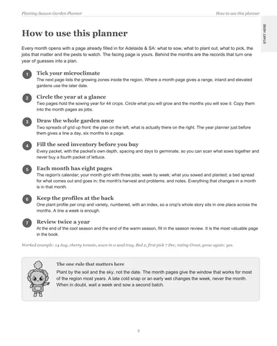 Page 3 of the Adelaide Garden Planner: how to use this planner, in seven steps, with a worked example for a cherry tomato
