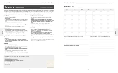 Pages 24 and 25 of the Adelaide Garden Planner: January's pre-printed Adelaide page with what to sow, plant out and pick, the jobs and the pest watch, beside a blank Monday-start month grid
