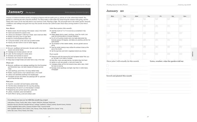 Pages 24 and 25 of the Canberra Garden Planner: January's pre-printed Canberra page with what to sow, plant out and pick, the jobs and the pest watch, beside a blank Monday-start month grid