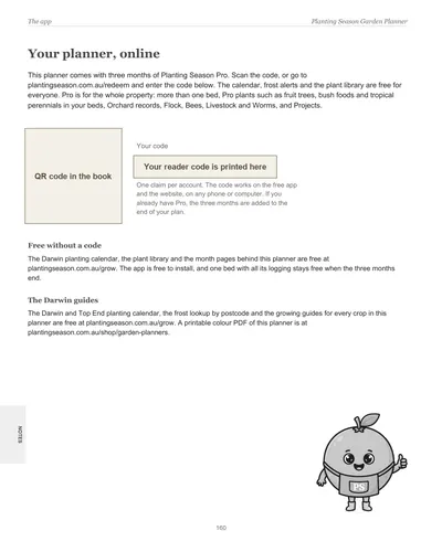Page 160 of the Darwin Garden Planner: the app page with the reader code for three months of Planting Season Pro, with the code and QR code hidden in this preview