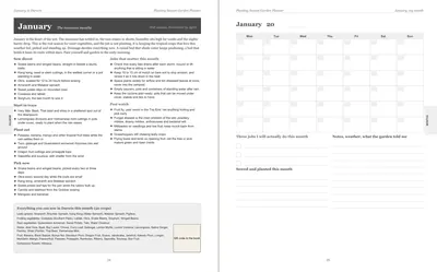 Pages 24 and 25 of the Darwin Garden Planner: January's pre-printed Darwin page with what to sow, plant out and pick, the jobs and the pest watch, beside a blank Monday-start month grid