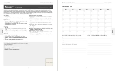 Pages 24 and 25 of the Melbourne Garden Planner: January's pre-printed Melbourne page with what to sow, plant out and pick, the jobs and the pest watch, beside a blank Monday-start month grid