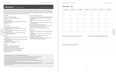 Pages 24 and 25 of the North Queensland Garden Planner: January's pre-printed North Queensland page with what to sow, plant out and pick, the jobs and the pest watch, beside a blank Monday-start month grid