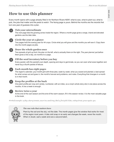 Page 3 of the Northern Rivers Garden Planner: how to use this planner, in seven steps, with a worked example for a cherry tomato