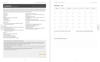 Pages 24 and 25 of the Northern Rivers Garden Planner: January's pre-printed Northern Rivers page with what to sow, plant out and pick, the jobs and the pest watch, beside a blank Monday-start month grid