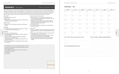 Pages 24 and 25 of the Perth Garden Planner: January's pre-printed Perth page with what to sow, plant out and pick, the jobs and the pest watch, beside a blank Monday-start month grid