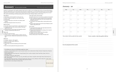Pages 24 and 25 of the Sydney Garden Planner: January's pre-printed Sydney page with what to sow, plant out and pick, the jobs and the pest watch, beside a blank Monday-start month grid