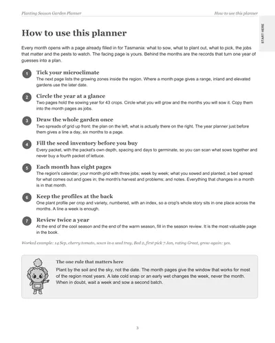 Page 3 of the Tasmania Garden Planner: how to use this planner, in seven steps, with a worked example for a cherry tomato