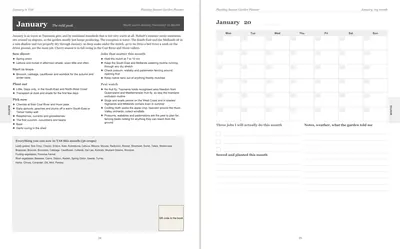 Pages 24 and 25 of the Tasmania Garden Planner: January's pre-printed Tasmania page with what to sow, plant out and pick, the jobs and the pest watch, beside a blank Monday-start month grid